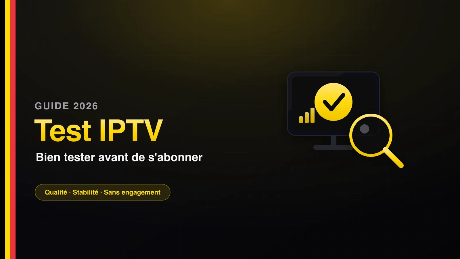Téléviseur affichant une coche de validation et une loupe, symbolisant un test IPTV avant abonnement